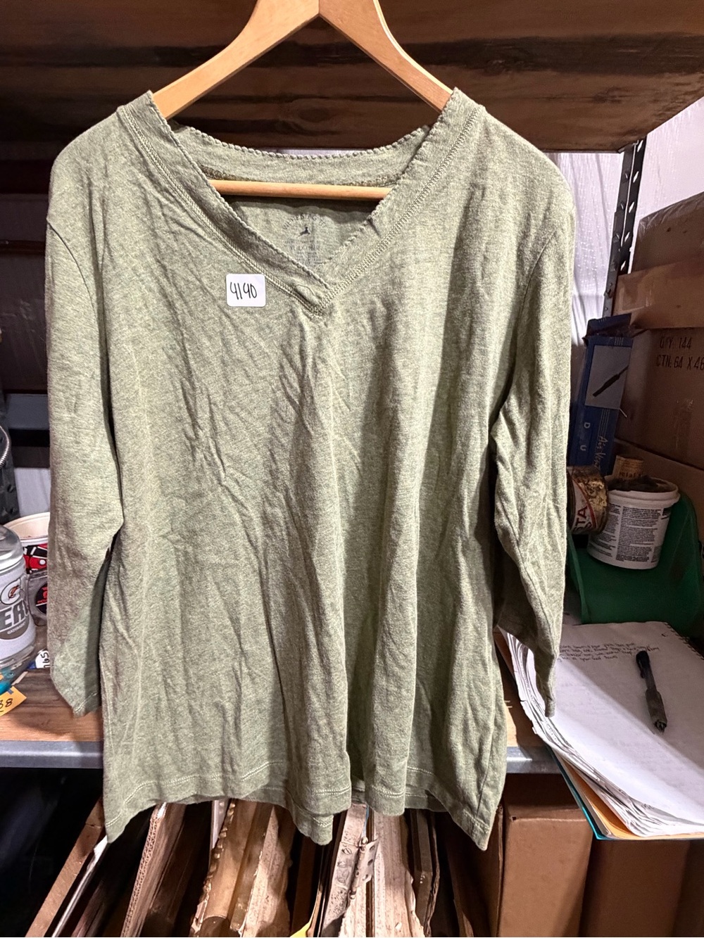 #4140-White Stag Light Olive Green V-Neck Long Sleeve Top